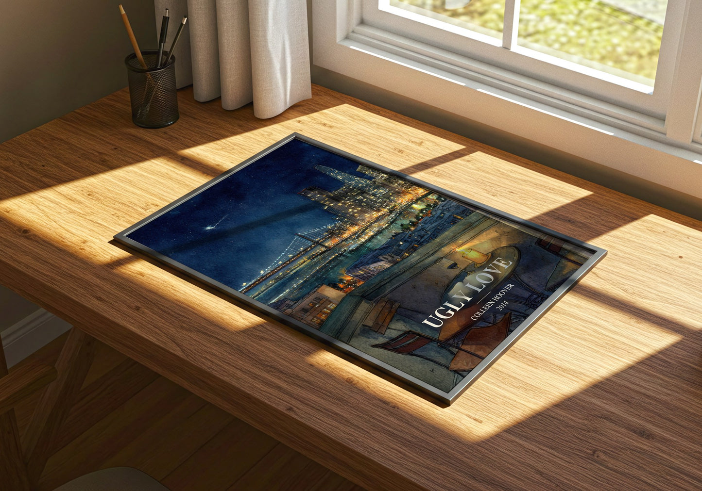 Ugly Love watercolour book poster framed on wall – romance wall art