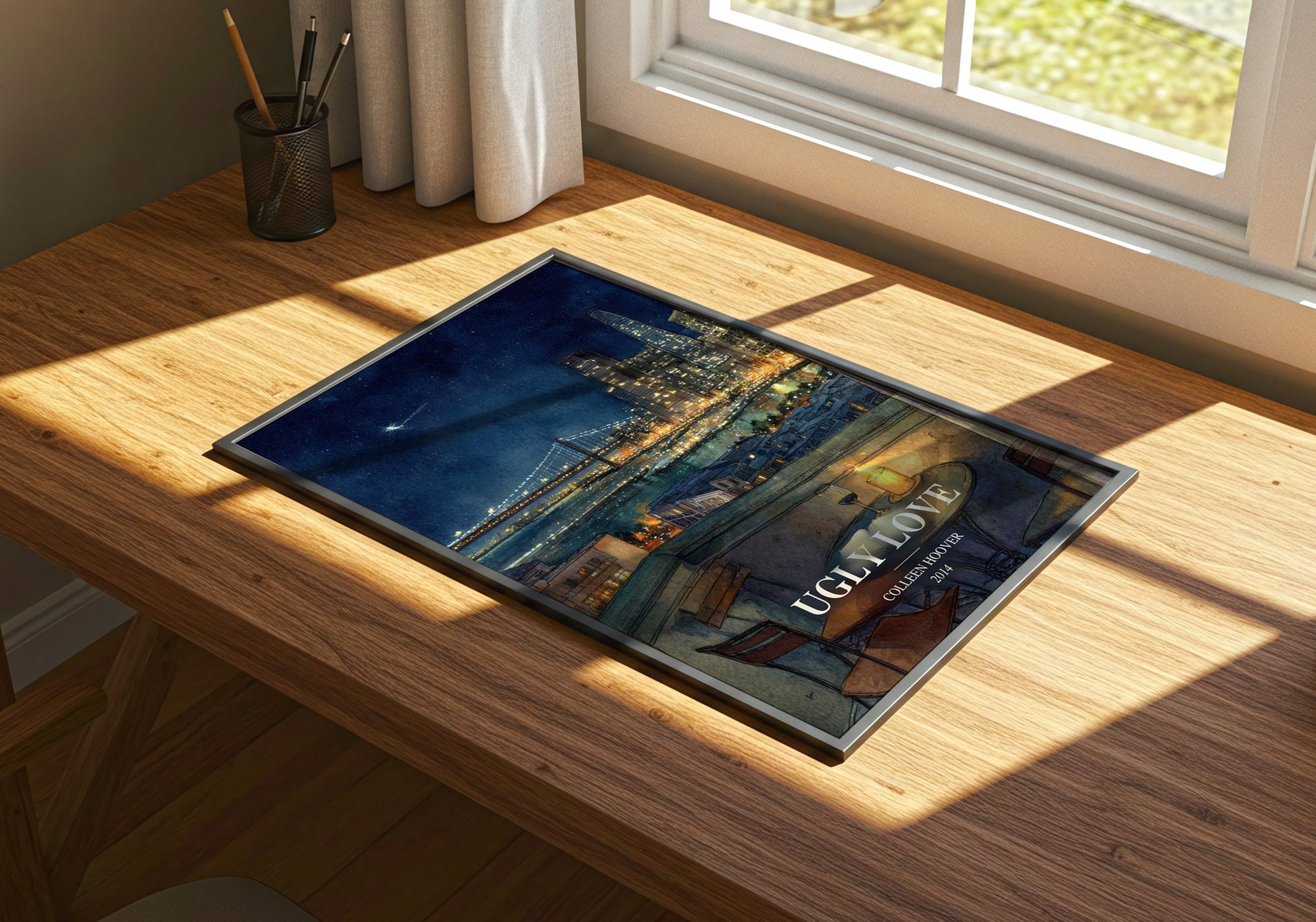 Ugly Love watercolour book poster framed on wall – romance wall art