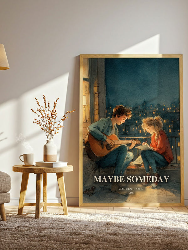 Maybe Someday watercolour print in frame leaning in hallway – contemporary fiction wall art