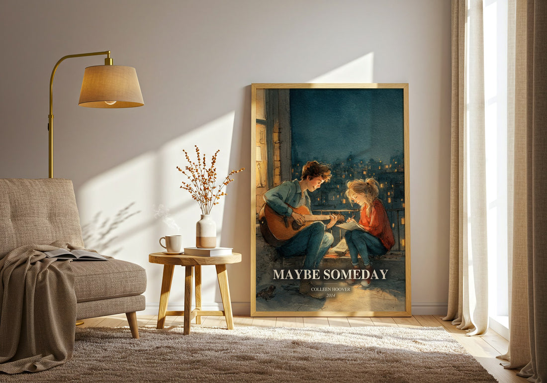 Maybe Someday watercolour print in frame leaning in hallway – contemporary fiction wall art (mockup)