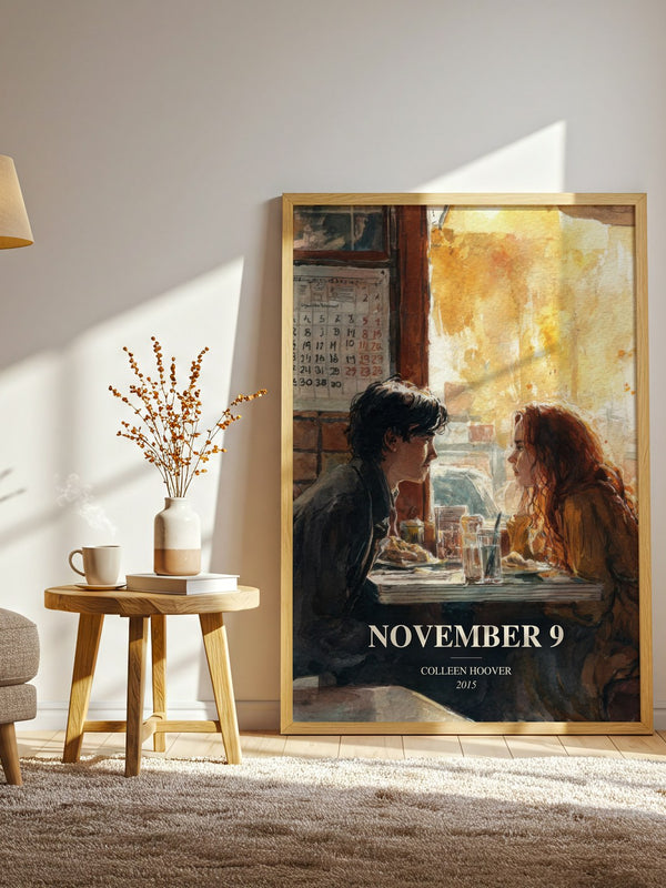 November 9 watercolour print in frame leaning in hallway – romance wall art