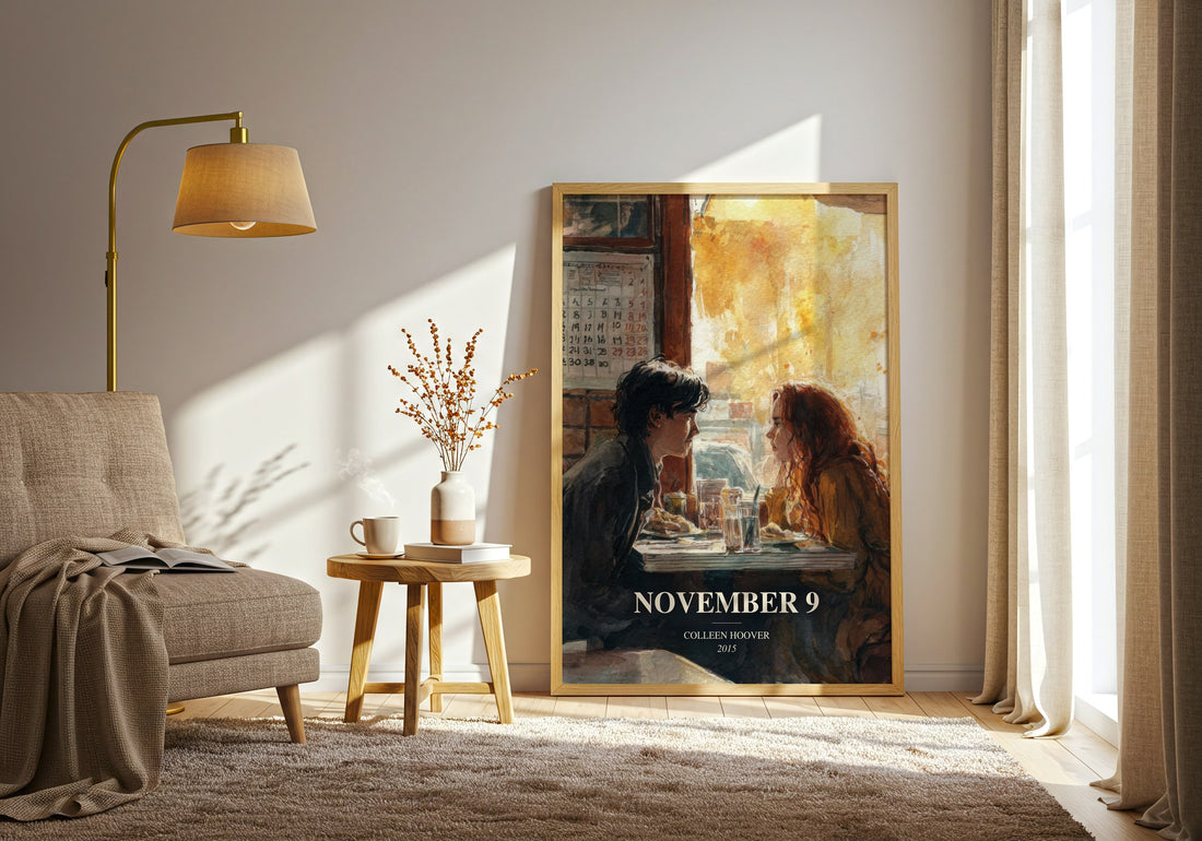 November 9 watercolour print in frame leaning in hallway – romance wall art (mockup)