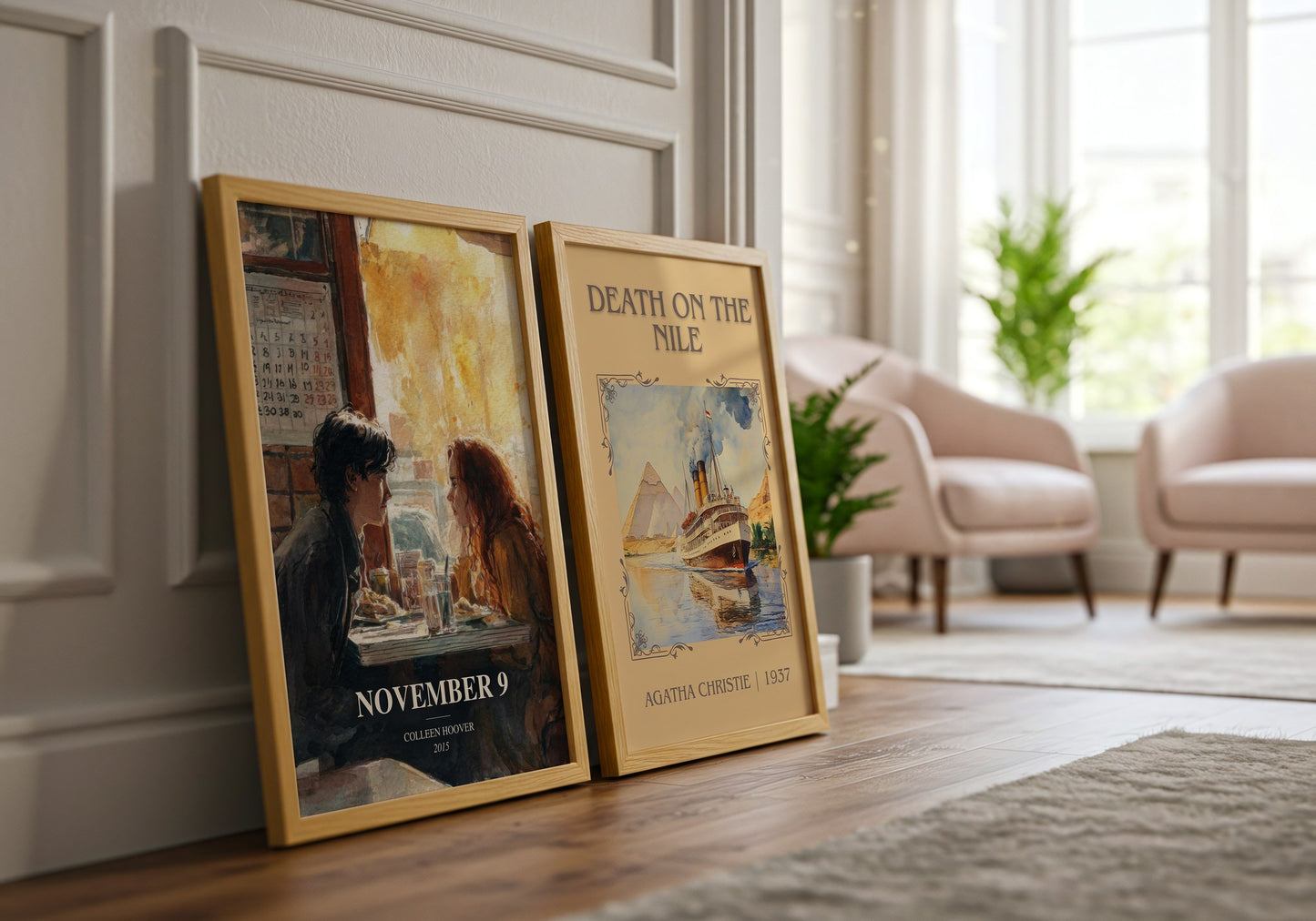 November 9 watercolour print framed by window – literary home decor