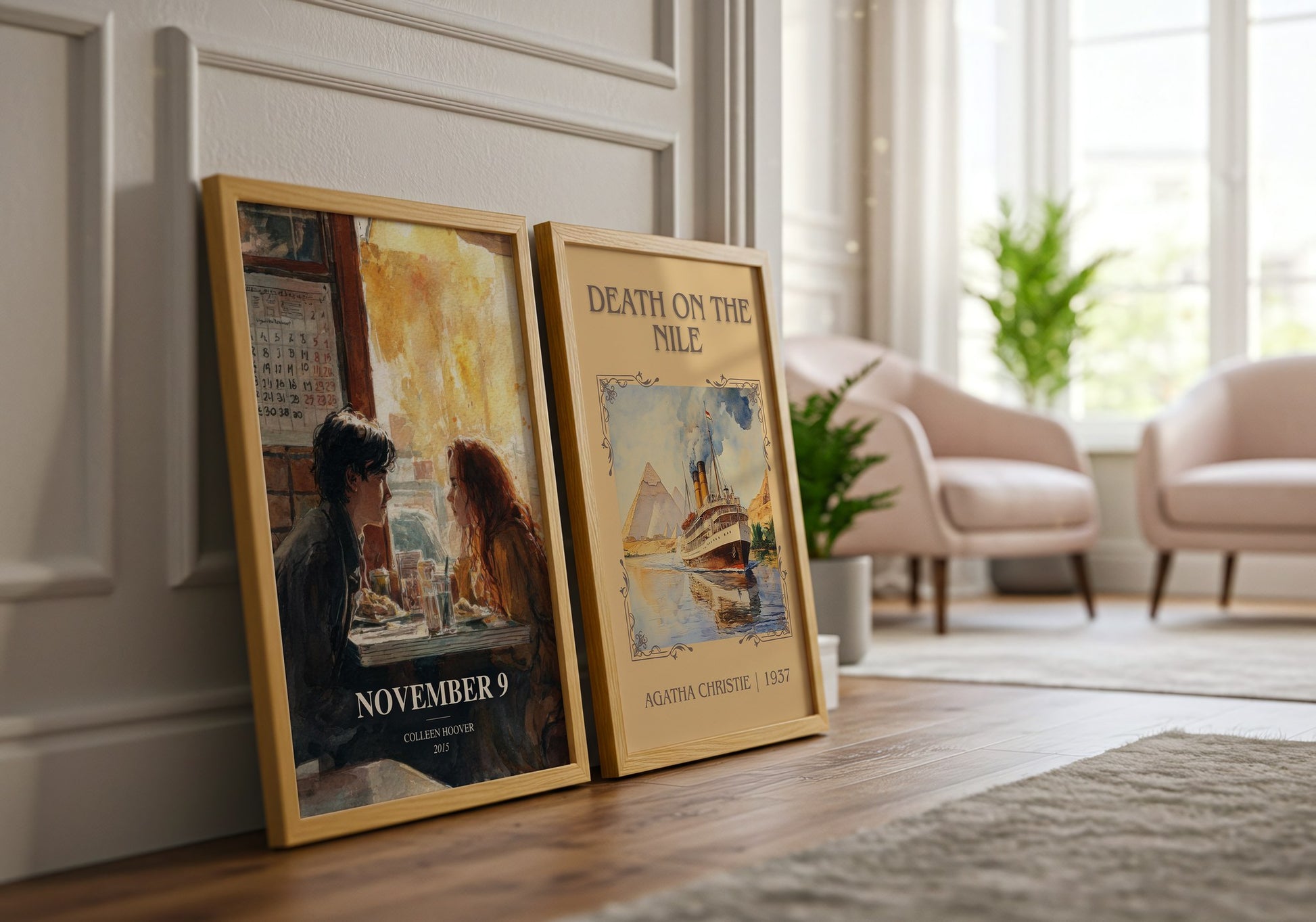 November 9 watercolour print framed by window – literary home decor
