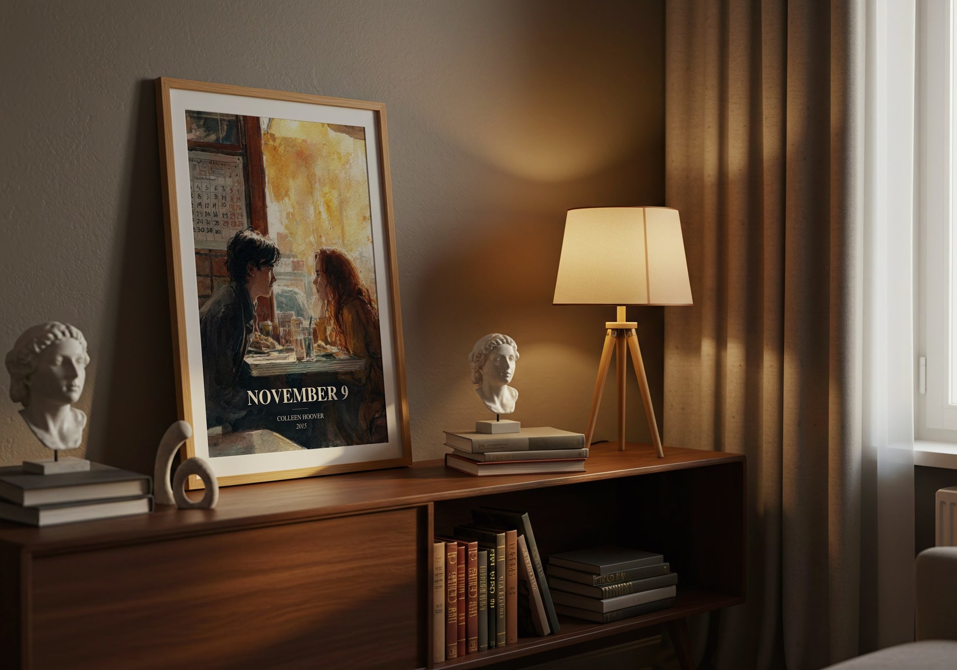 November 9 watercolour print on bookshelf – Colleen Hoover fan gift