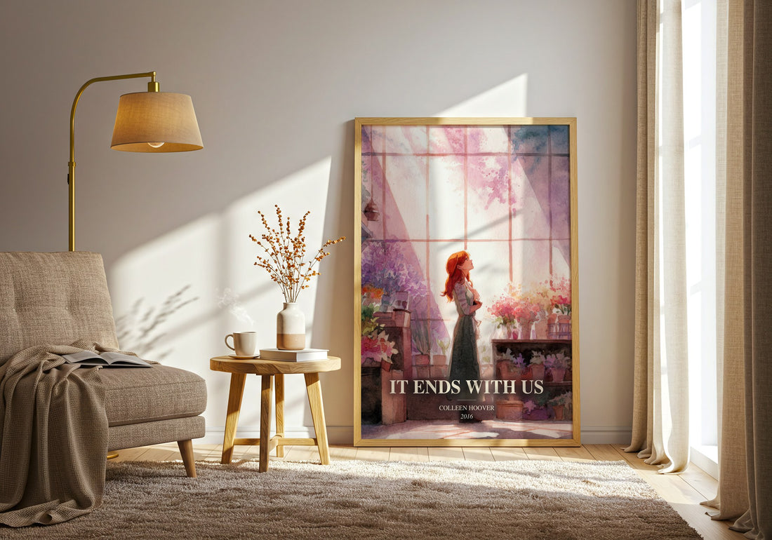 It Ends With Us watercolour print in frame leaning in hallway – contemporary fiction wall art (mockup)