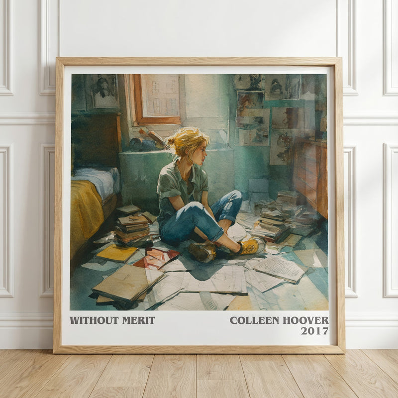 Without Merit literary print in frame leaning in hallway – contemporary fiction wall art