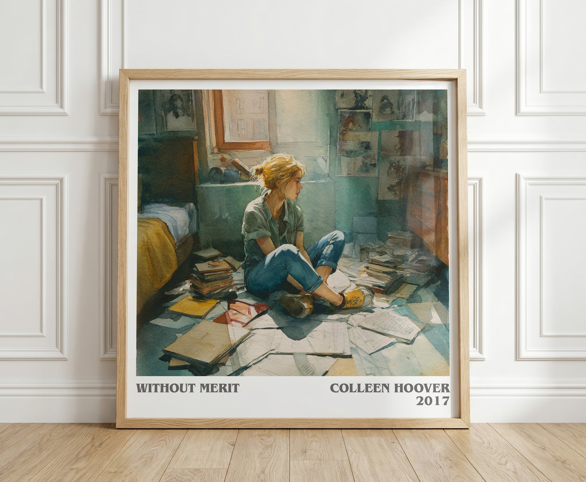 Without Merit literary print in frame leaning in hallway – contemporary fiction wall art