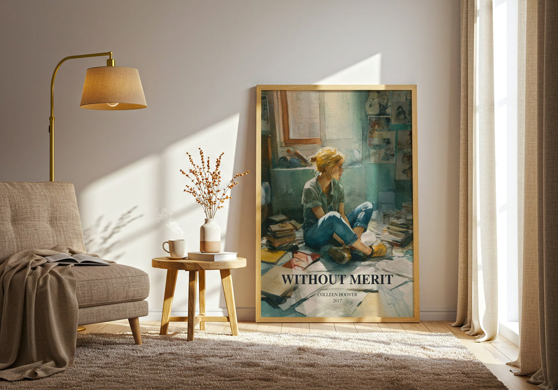 Without Merit watercolour print in frame leaning in hallway – contemporary fiction wall art (mockup)