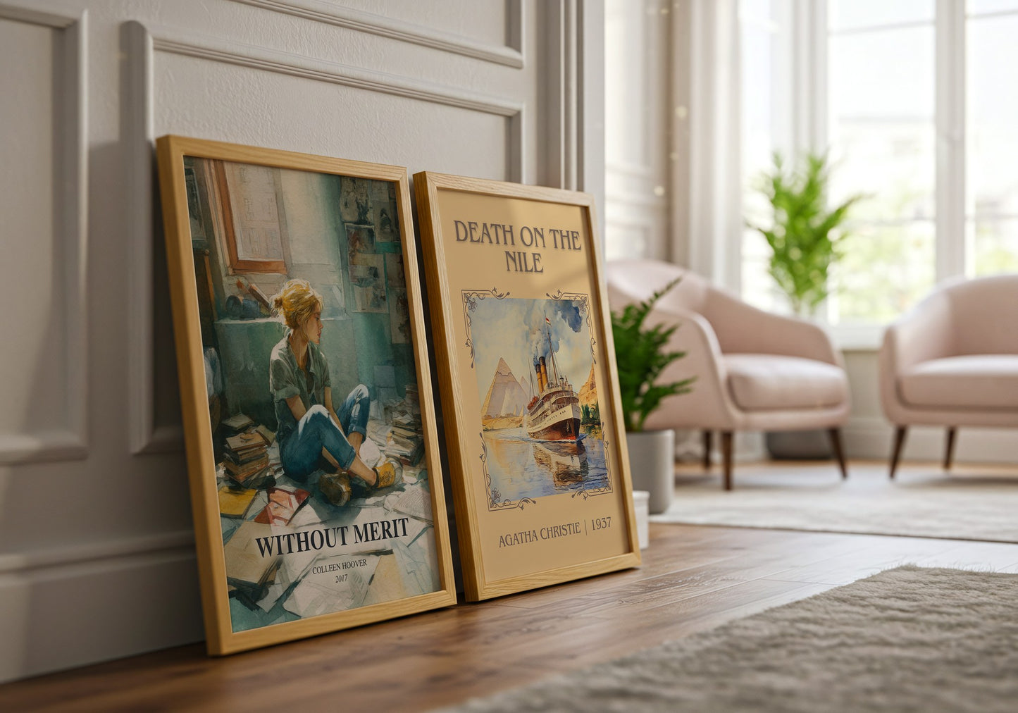 Without Merit watercolour print framed by window – literary home decor