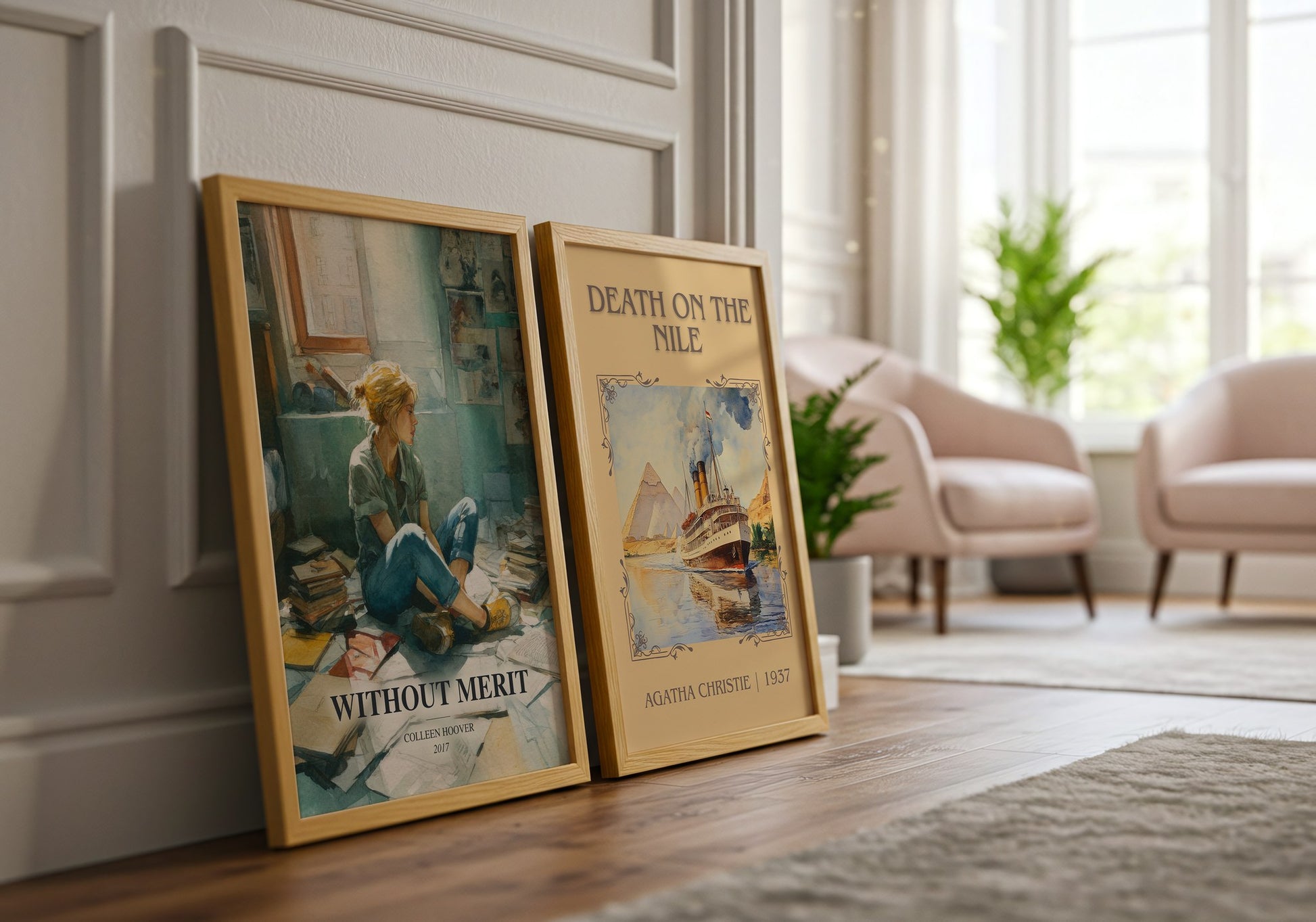 Without Merit watercolour print framed by window – literary home decor