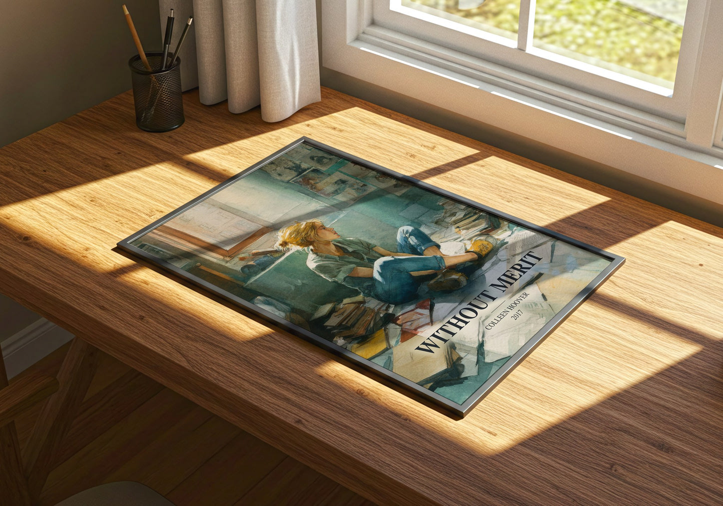 Without Merit watercolour book poster framed on wall – contemporary fiction wall art