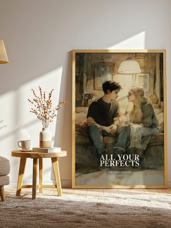 All Your Perfects watercolour print in frame leaning in hallway – contemporary fiction wall art