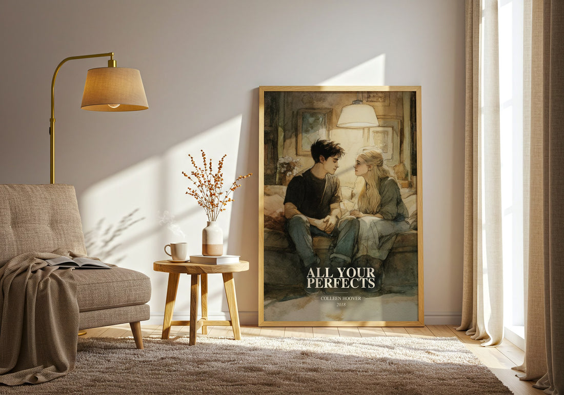 All Your Perfects watercolour print in frame leaning in hallway – contemporary fiction wall art (mockup)