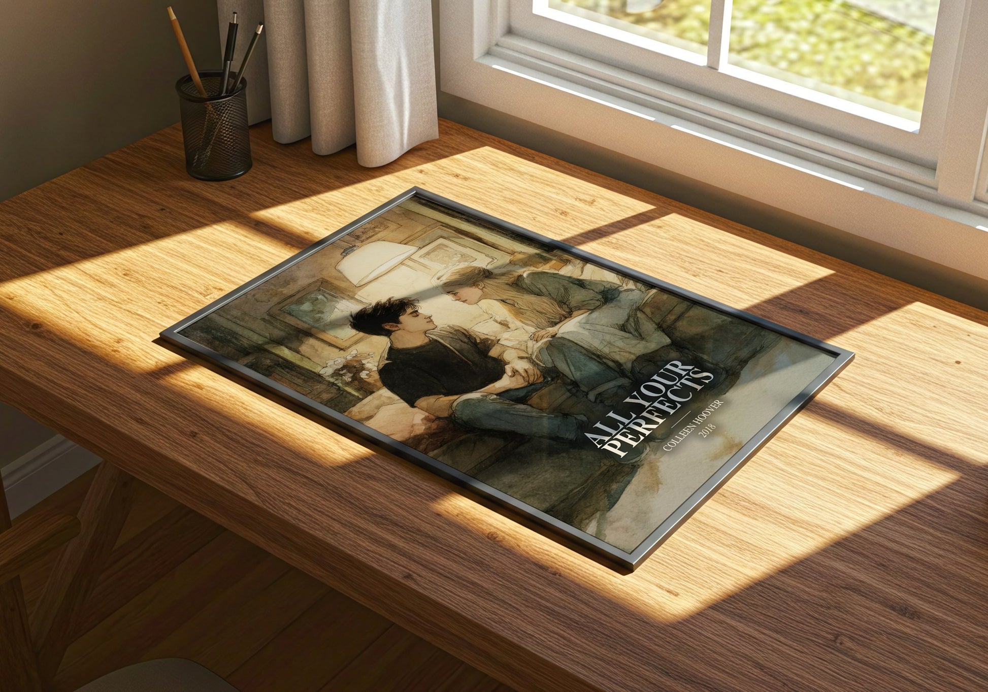 All Your Perfects watercolour book poster framed on wall – contemporary fiction wall art