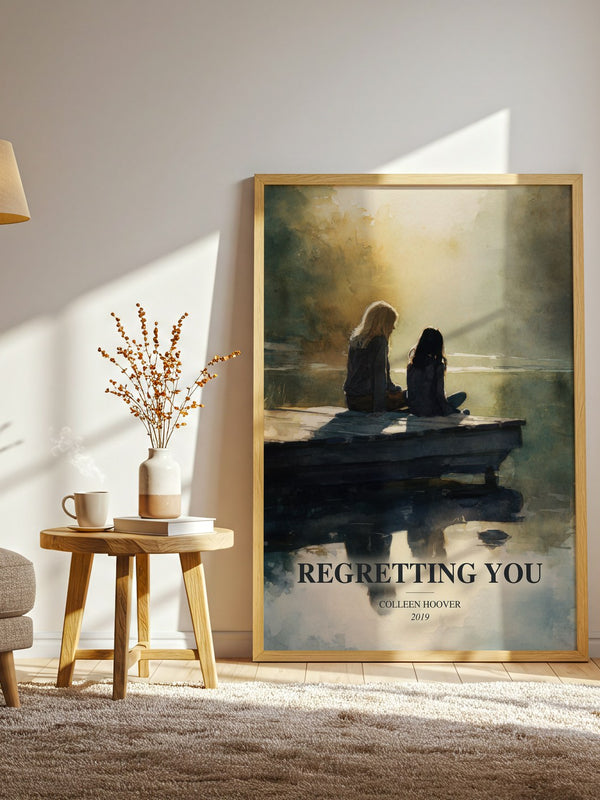 Regretting You watercolour print in frame leaning in hallway – contemporary fiction wall art