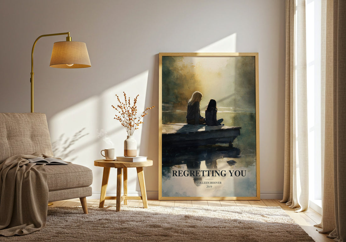 Regretting You watercolour print in frame leaning in hallway – contemporary fiction wall art (mockup)