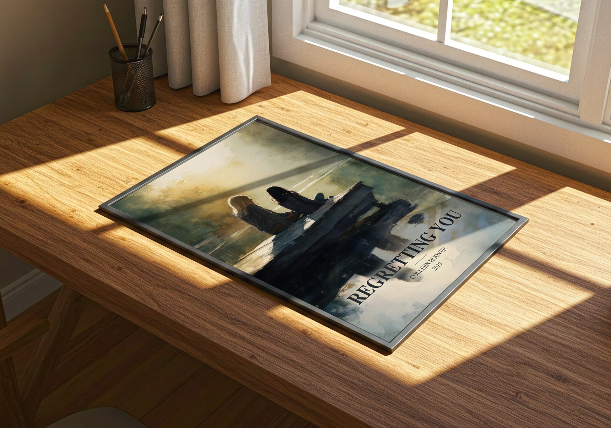 Regretting You watercolour book poster framed on wall – contemporary fiction wall art