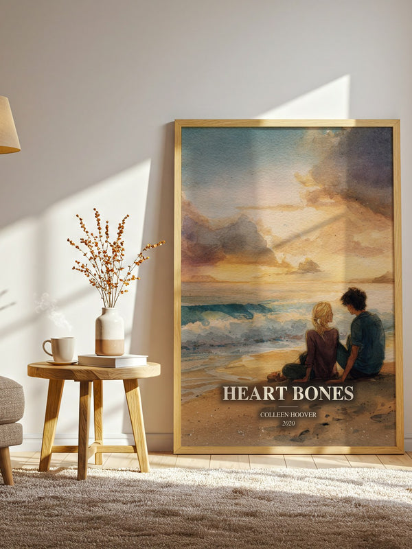 Heart Bones watercolour print in frame leaning in hallway – contemporary fiction wall art