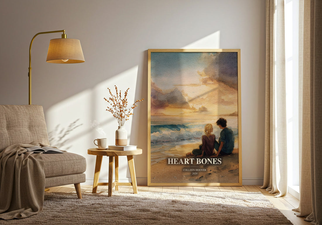 Heart Bones watercolour print in frame leaning in hallway – contemporary fiction wall art (mockup)