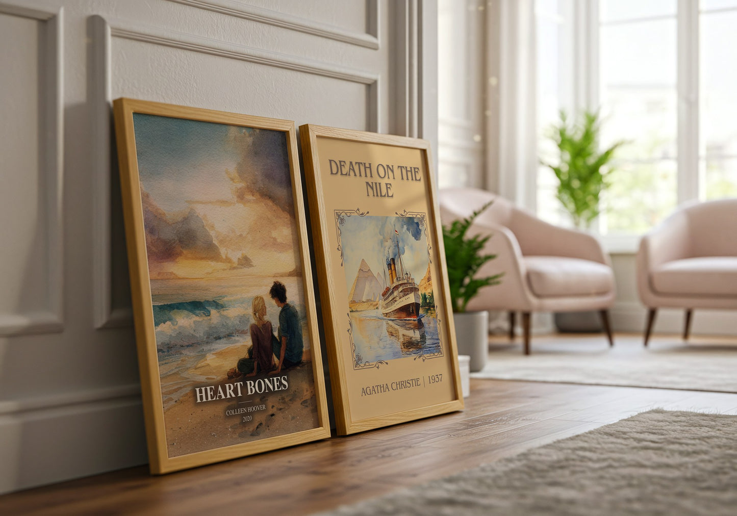 Heart Bones watercolour print framed by window – literary home decor