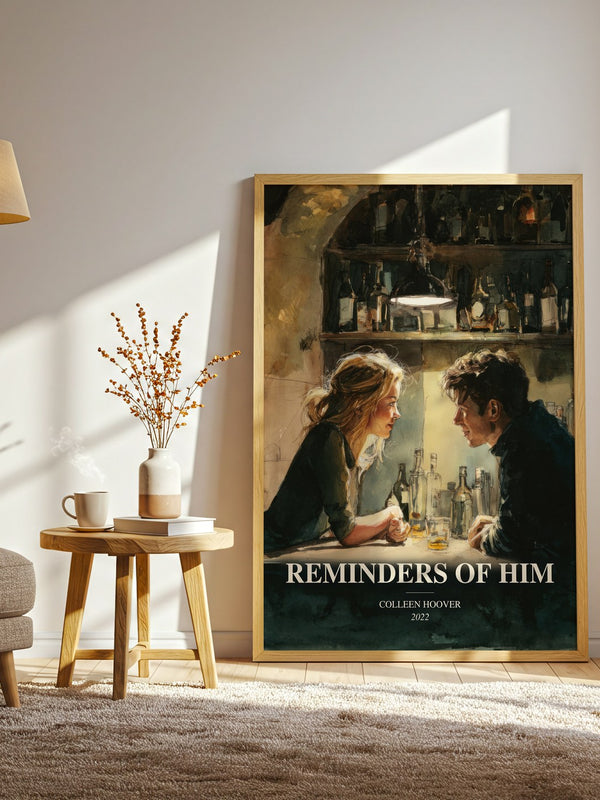 Reminders Of Him watercolour print in frame leaning in hallway – contemporary fiction wall art