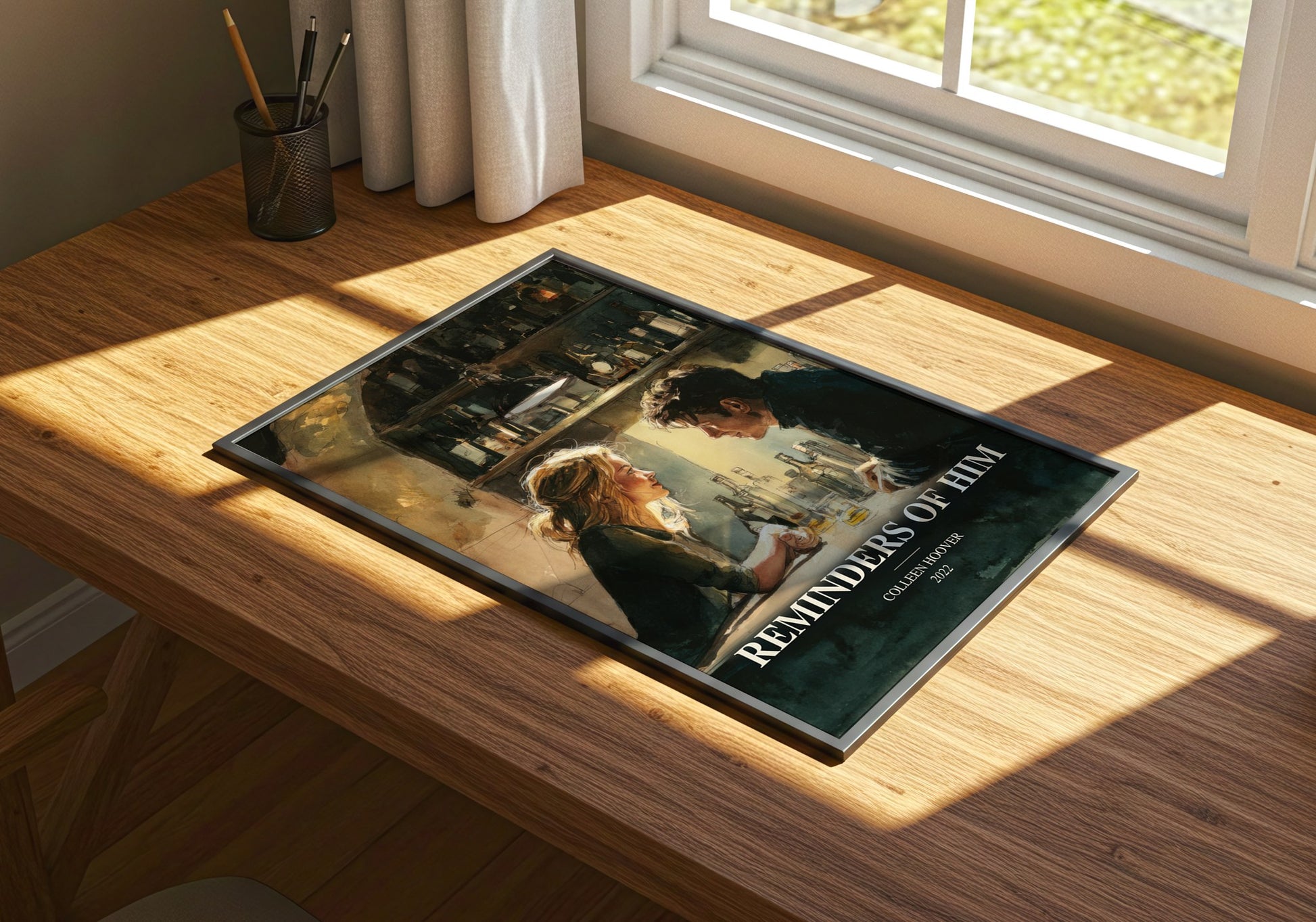 Reminders Of Him watercolour book poster framed on wall – contemporary fiction wall art