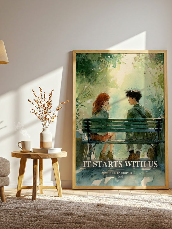 It Starts With Us watercolour print in frame leaning in hallway – contemporary fiction wall art