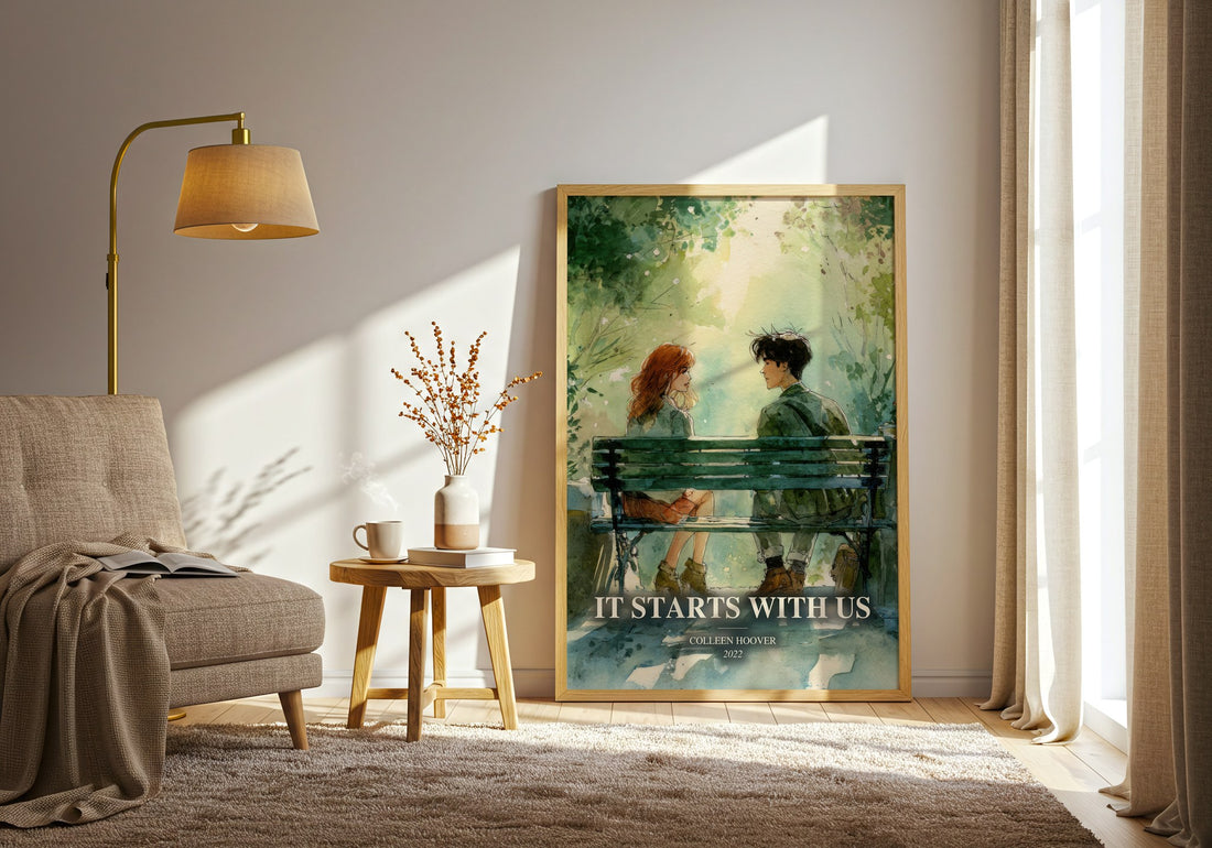 It Starts With Us watercolour print in frame leaning in hallway – contemporary fiction wall art (mockup)