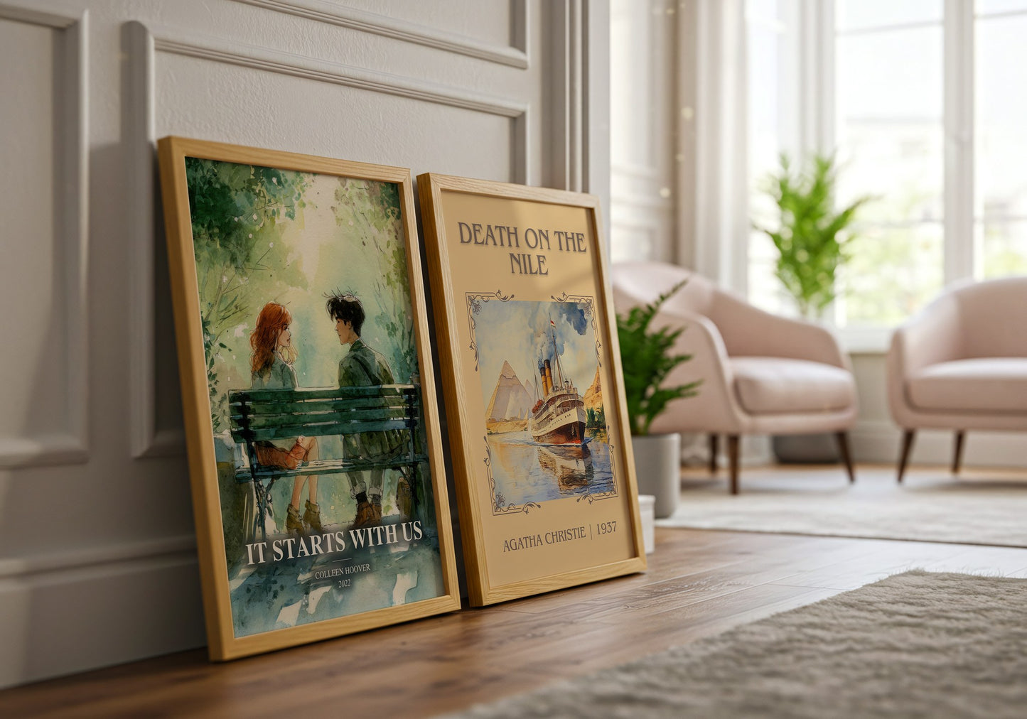 It Starts With Us watercolour print framed by window – literary home decor