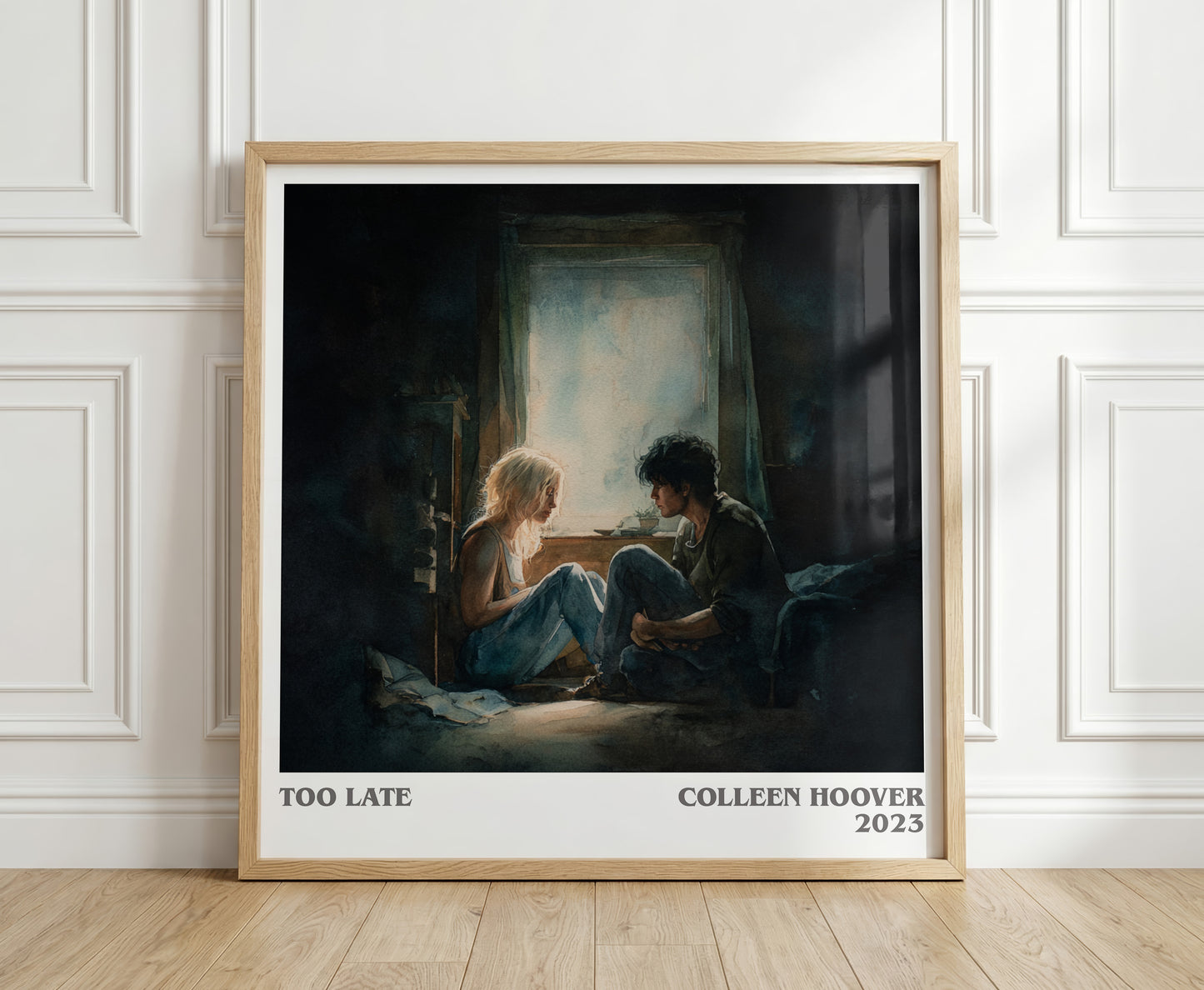 Too late literary print in frame leaning in hallway – romance wall art