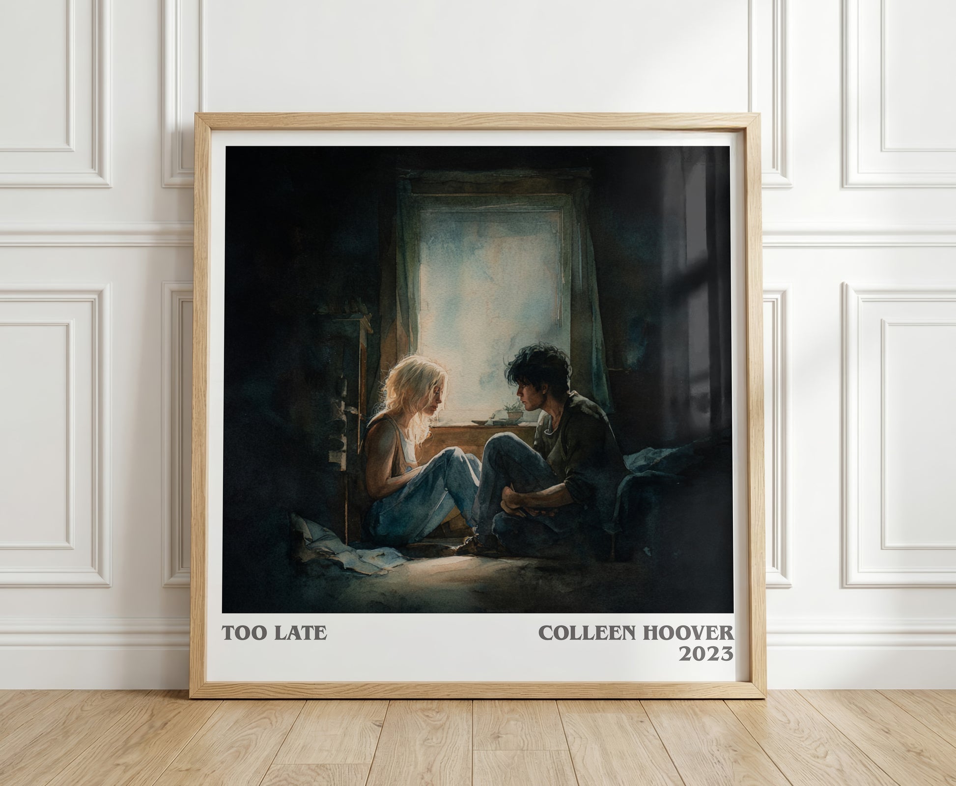 Too late literary print in frame leaning in hallway – romance wall art