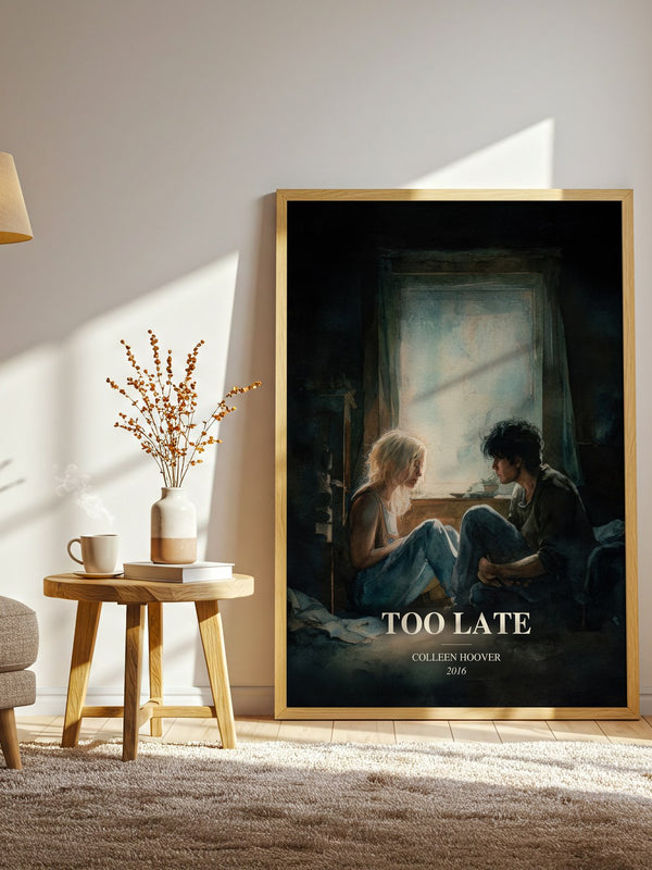 Too Late watercolour print in frame leaning in hallway – contemporary fiction wall art