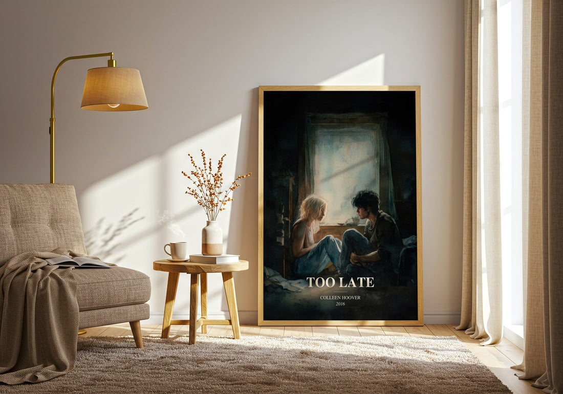 Too Late watercolour print in frame leaning in hallway – contemporary fiction wall art (mockup)
