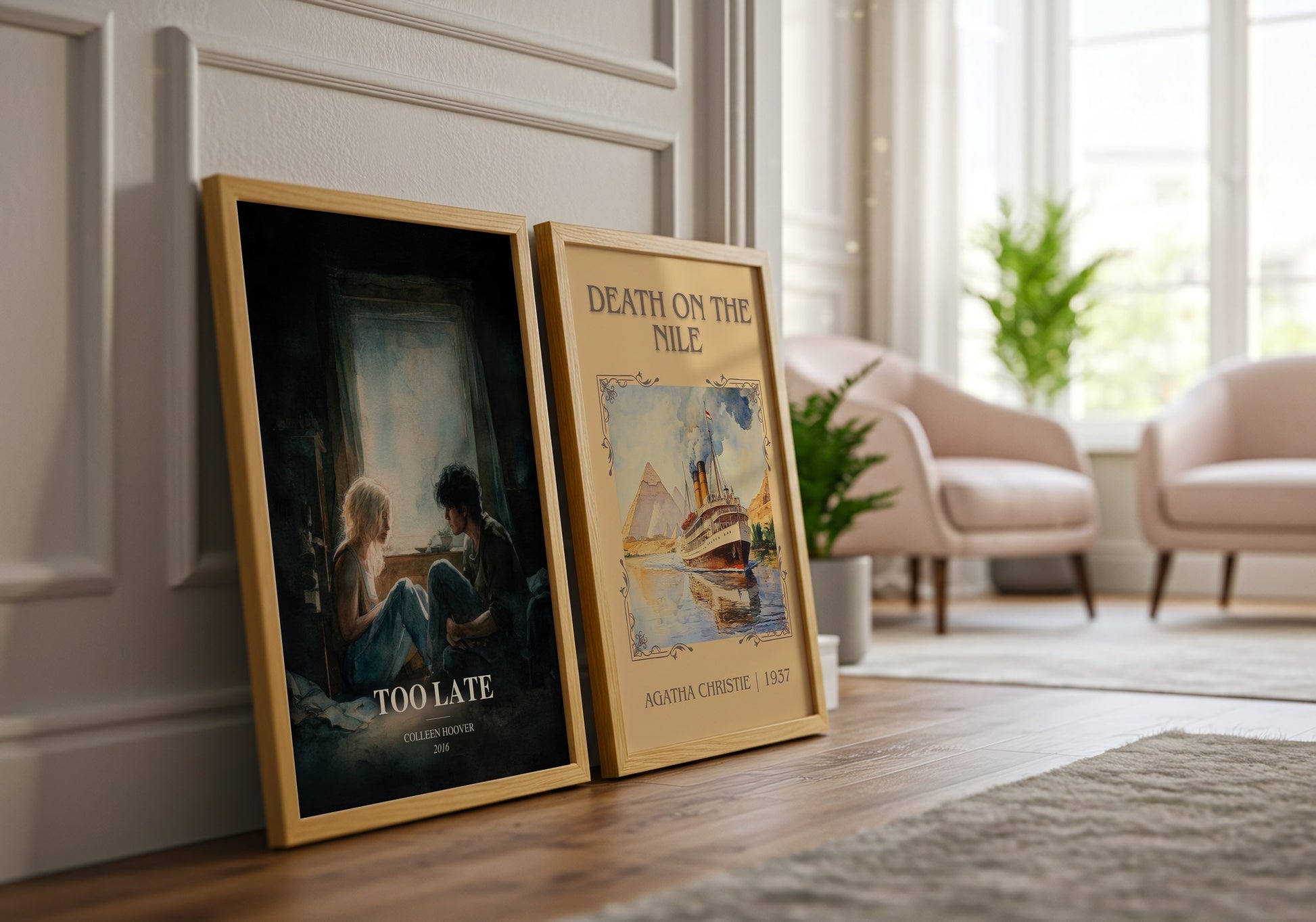 Too Late watercolour print framed by window – literary home decor