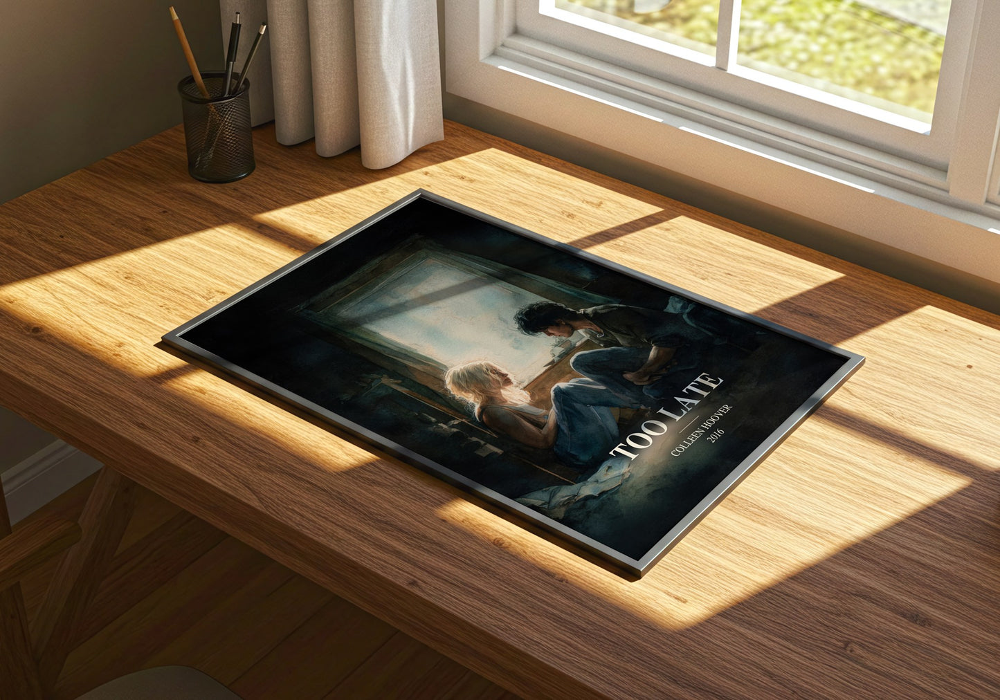 Too Late watercolour book poster framed on wall – contemporary fiction wall art