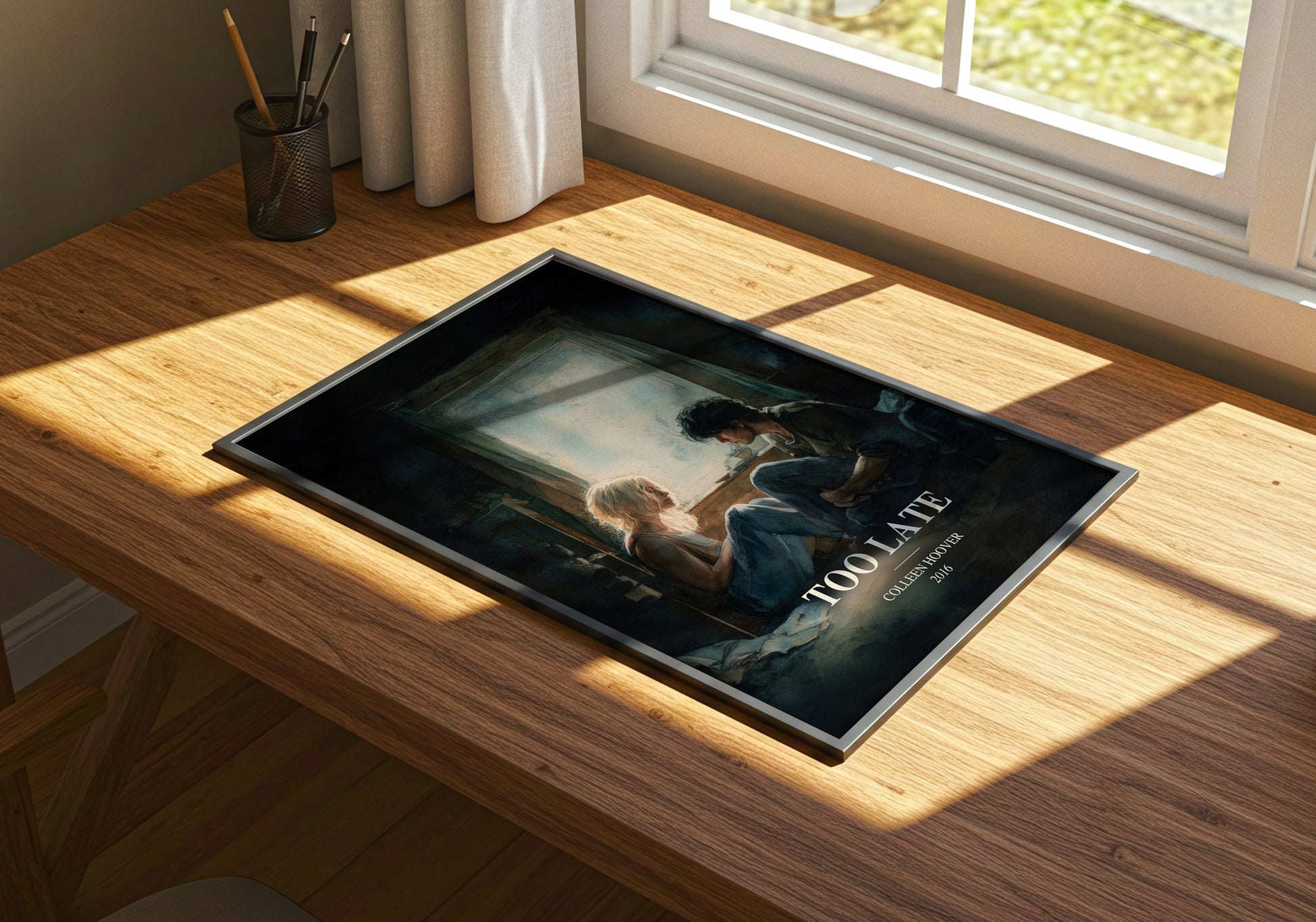 Too Late watercolour book poster framed on wall – contemporary fiction wall art
