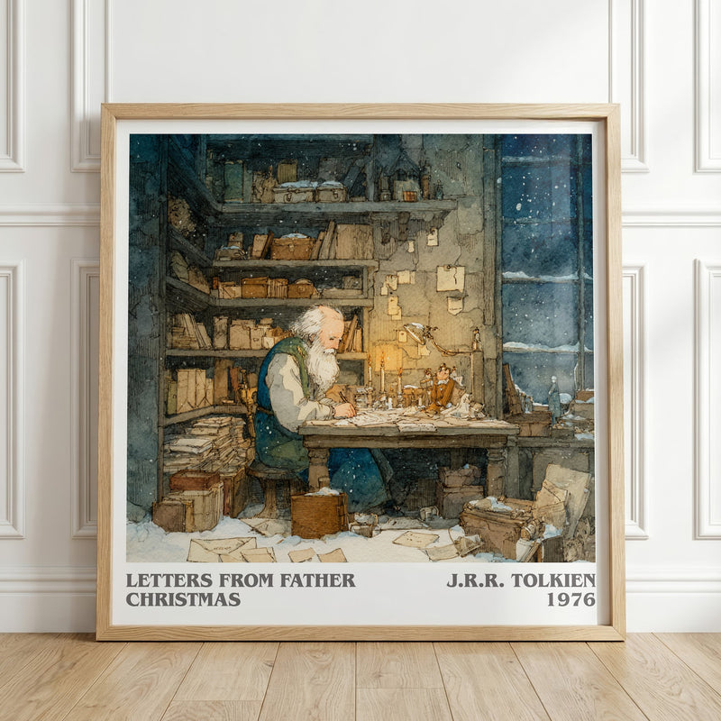 Letters from Father Christmas literary print in frame leaning in hallway – childrens wall art