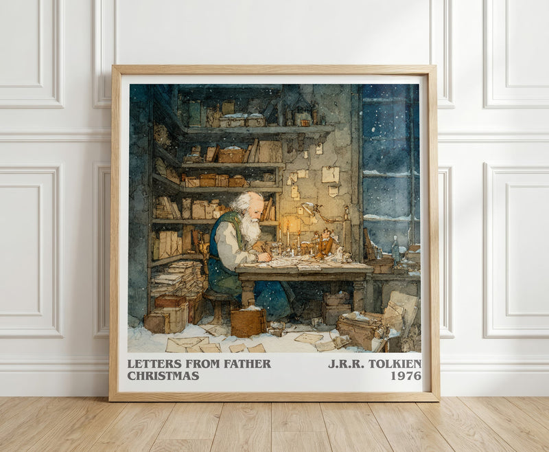 Letters from Father Christmas literary print in frame leaning in hallway – childrens wall art