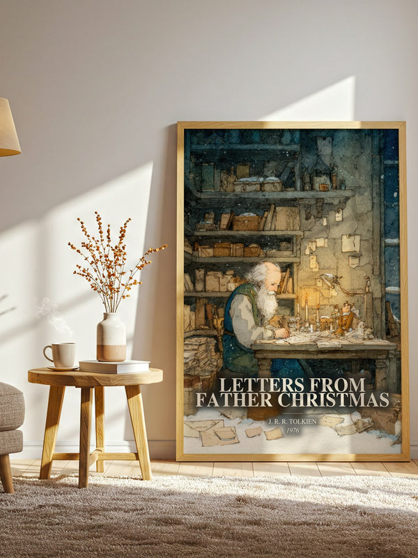 Letters From Father Christmas watercolour print in frame leaning in hallway – childrens wall art