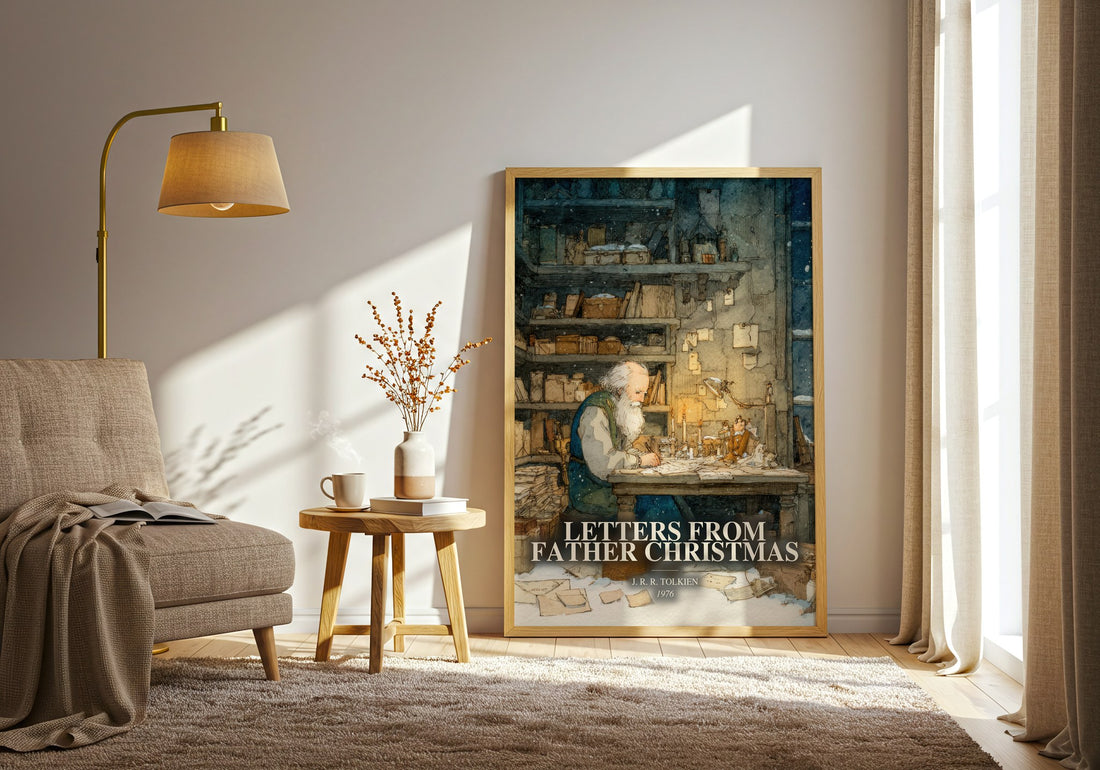 Letters From Father Christmas watercolour print in frame leaning in hallway – childrens wall art (mockup)