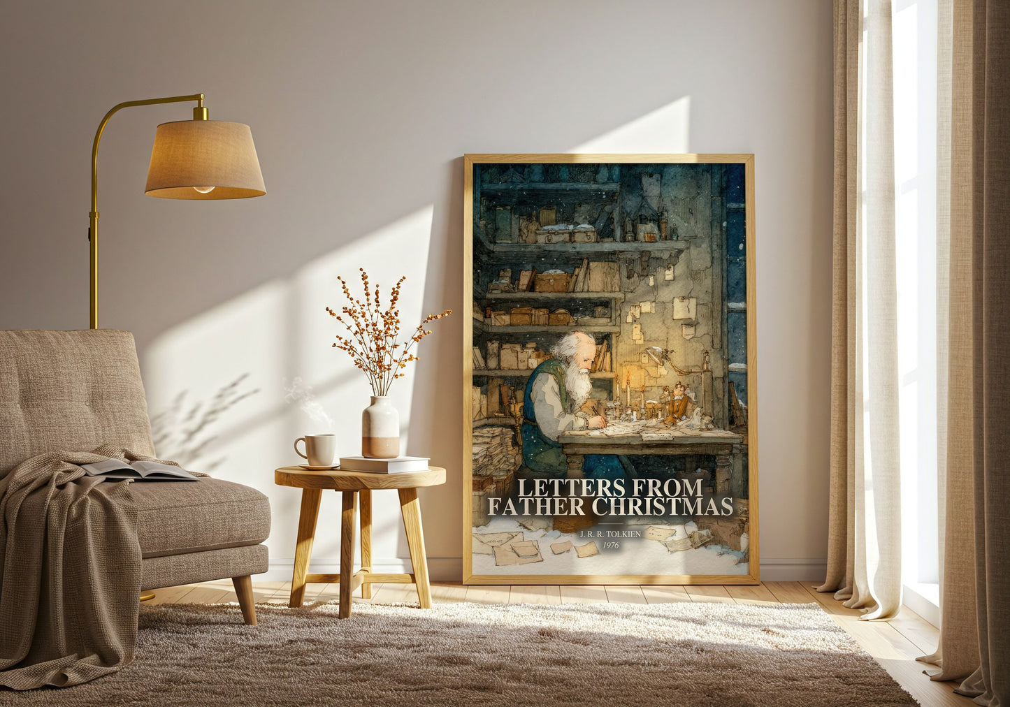 Letters From Father Christmas watercolour print in frame leaning in hallway – childrens wall art