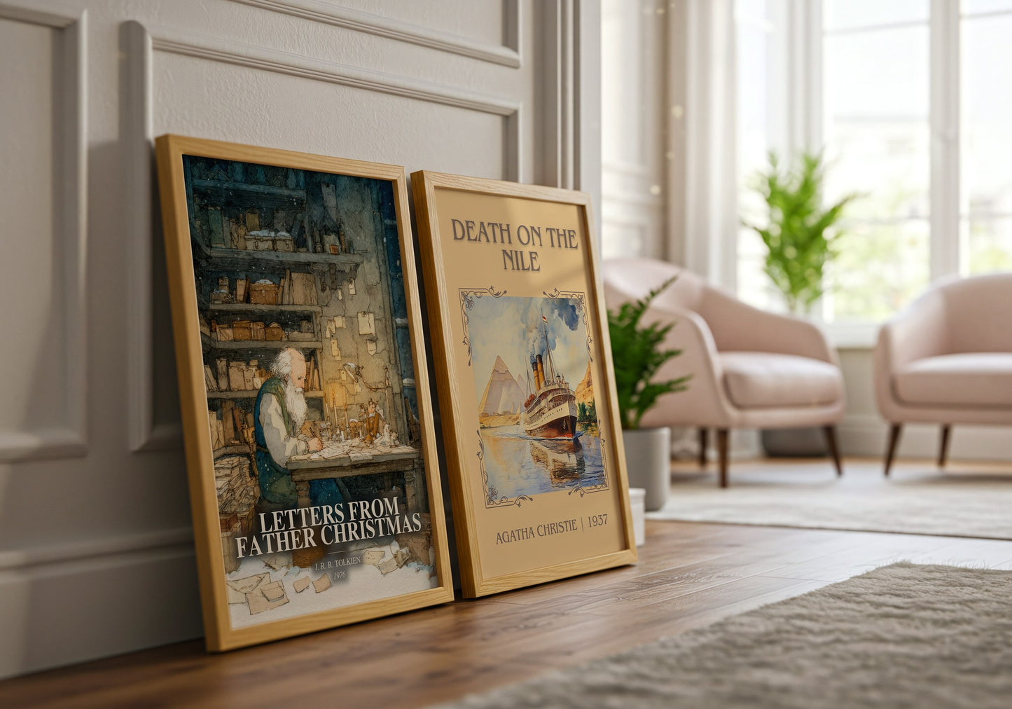 Letters From Father Christmas watercolour print framed by window – literary home decor