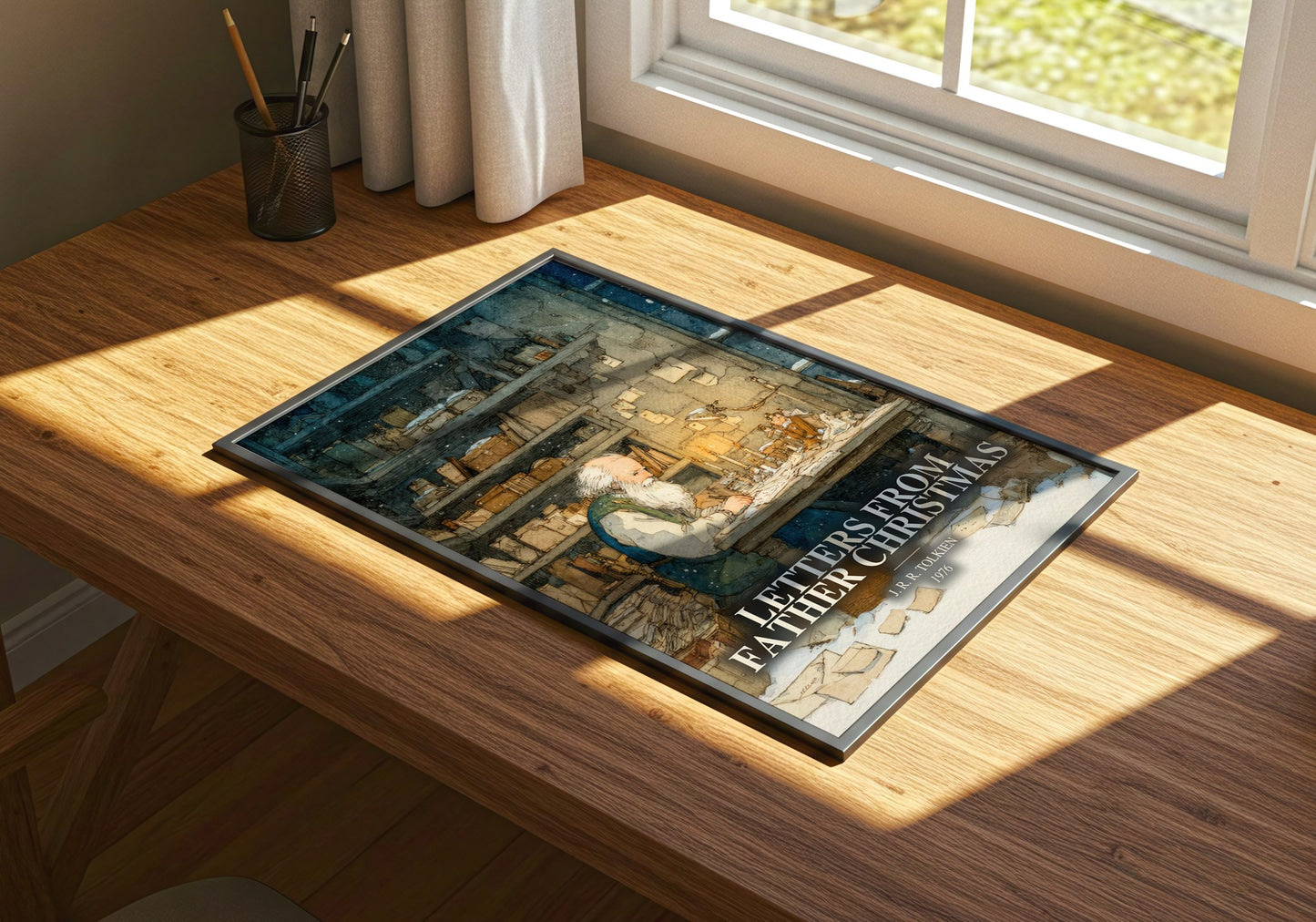 Letters From Father Christmas watercolour book poster framed on wall – childrens wall art
