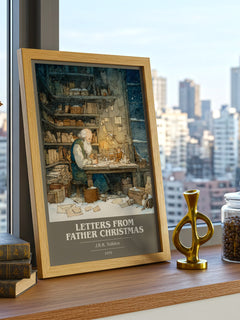 Letters from Father Christmas Book Cover Poster by J. R. R. Tolkien – framed print on a city-view windowsill
