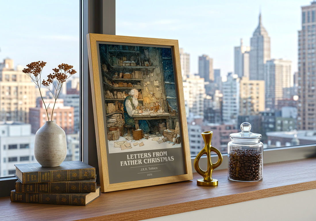 Letters from Father Christmas Book Cover Poster by J. R. R. Tolkien – framed print on a city-view windowsill