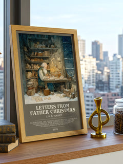 Letters from Father Christmas Bookish Wall Art by J. R. R. Tolkien – framed print on a city-view windowsill