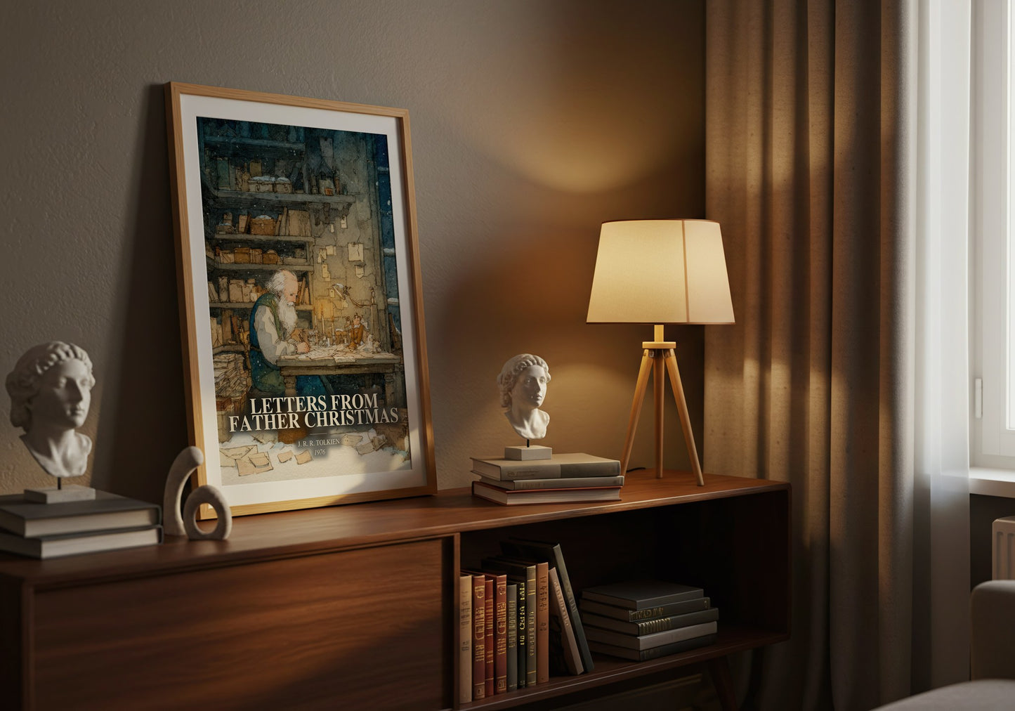 Letters From Father Christmas watercolour print on bookshelf – J. R. R. Tolkien fan gift