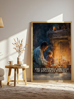 The Christmas Miracle Of Jonathan Toomey watercolour print in frame leaning in hallway – childrens wall art