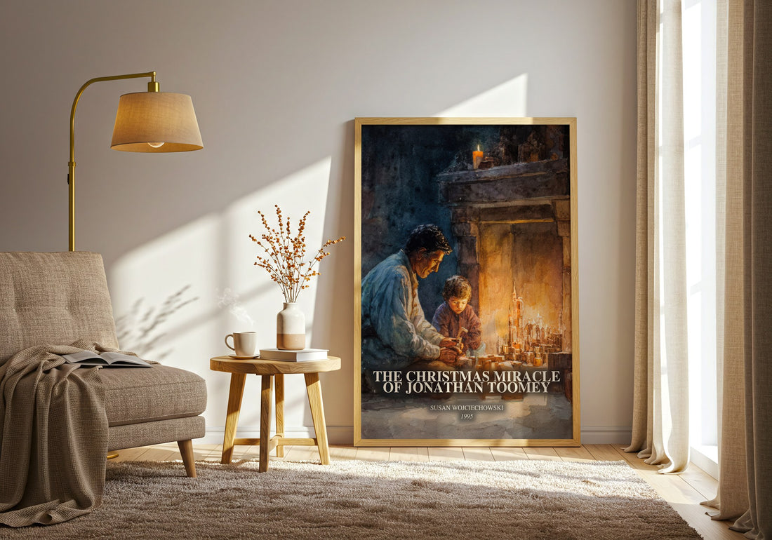 The Christmas Miracle Of Jonathan Toomey watercolour print in frame leaning in hallway – childrens wall art (mockup)